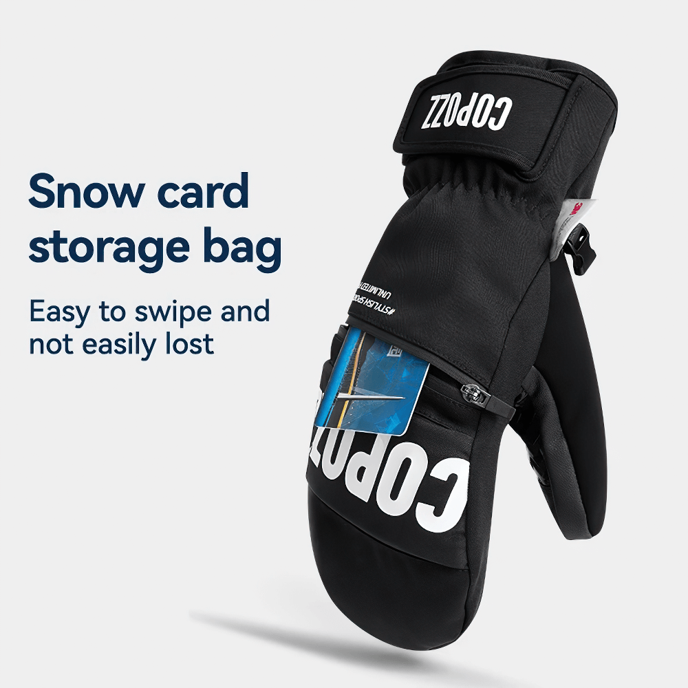 Waterproof insulated ski gloves with snow card storage bag feature for easy access and secure storage during winter sports activities.