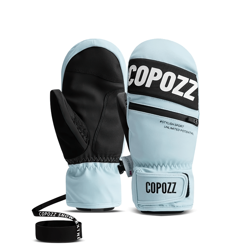 Sky blue waterproof ski gloves by Copozz with black palm, designed for skiing and snowboarding. Stylish and insulated for winter sports.