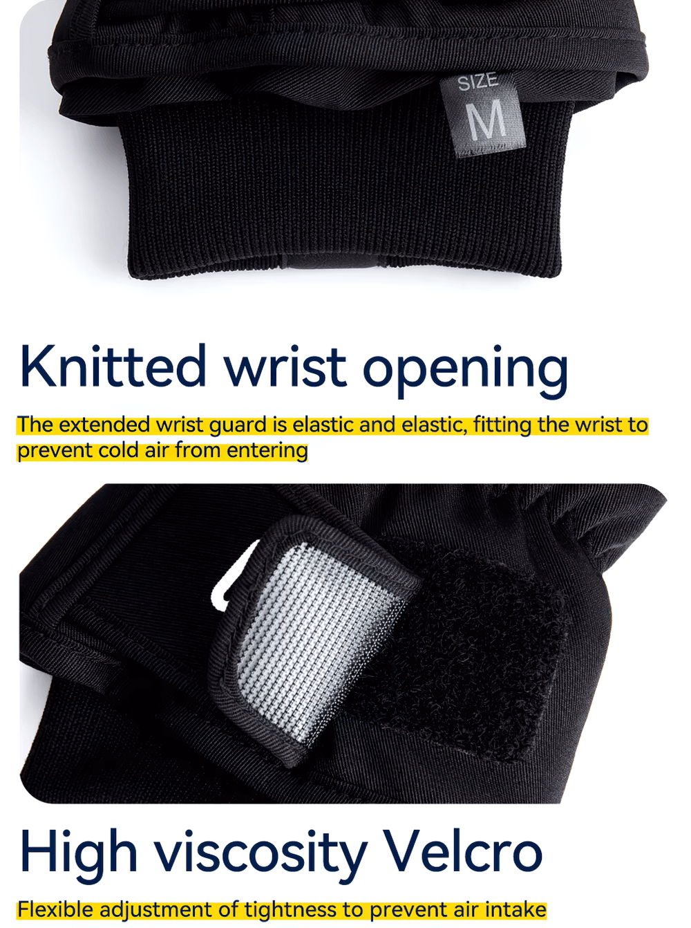 Close-up of black waterproof ski gloves with knitted wrist and high viscosity Velcro for adjustable tightness. Size M visible.