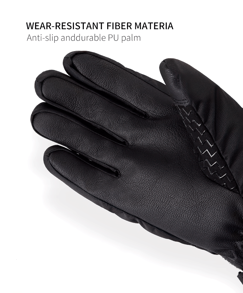 Close-up of waterproof insulated ski glove with TPU slip-resistant palm and elastic wrist strap for secure fit.