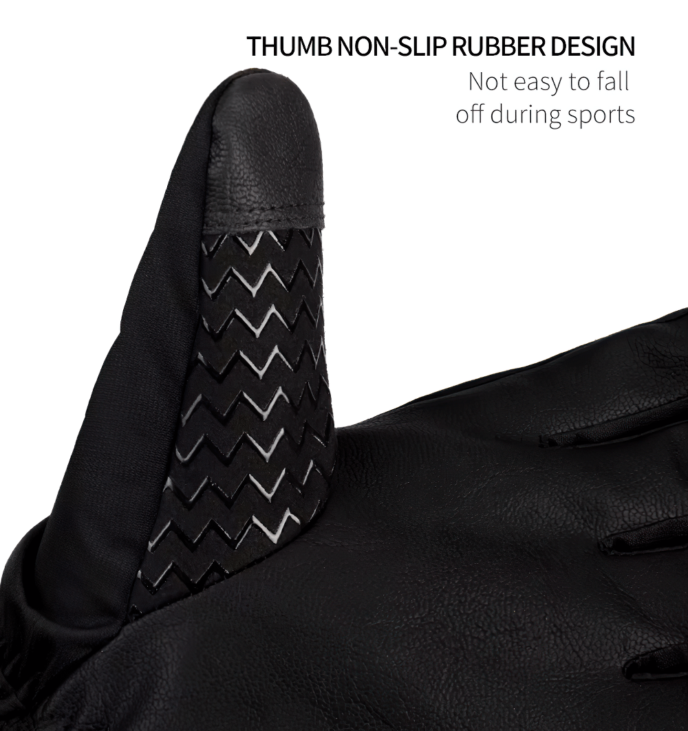 Close-up of non-slip thumb design on waterproof ski gloves, enhancing grip during winter sports.