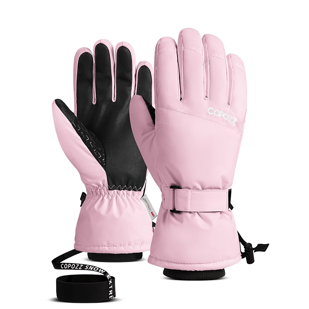 Pink waterproof insulated ski gloves with TPU slip-resistant palms, adjustable straps, and anti-lost wrist band for winter sports.