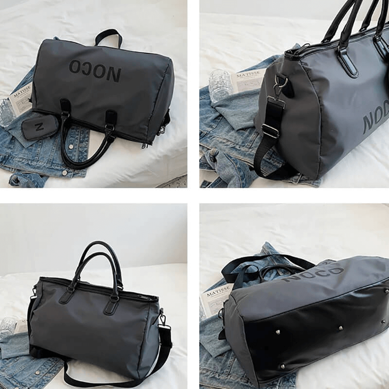 Stylish waterproof large shoulder bag, perfect for fitness and travel, made of quality nylon, unisex design, in multiple views.