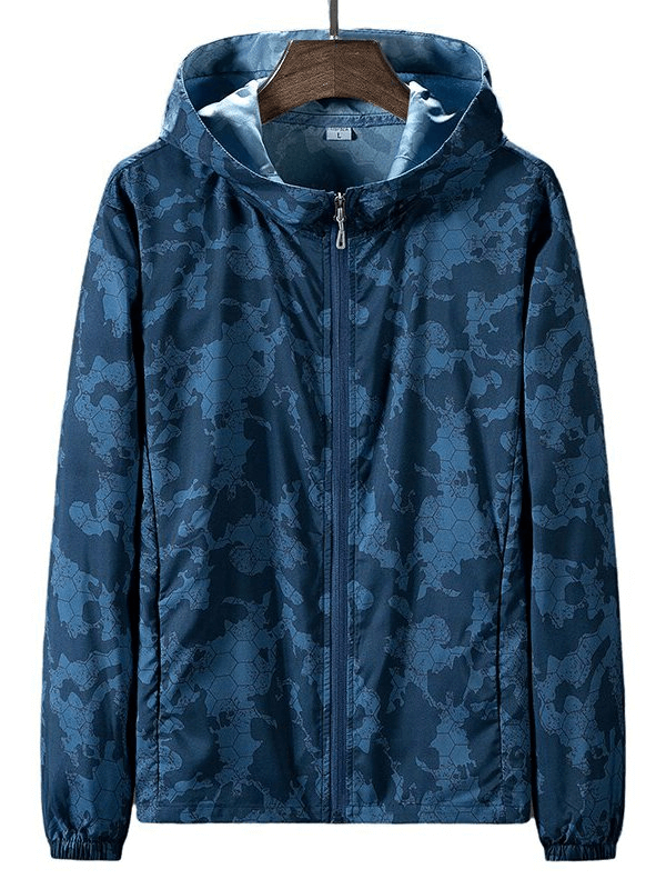 Navy blue waterproof lightweight men's windbreaker with zipper, featuring a breathable polyester material, perfect for outdoor activities.