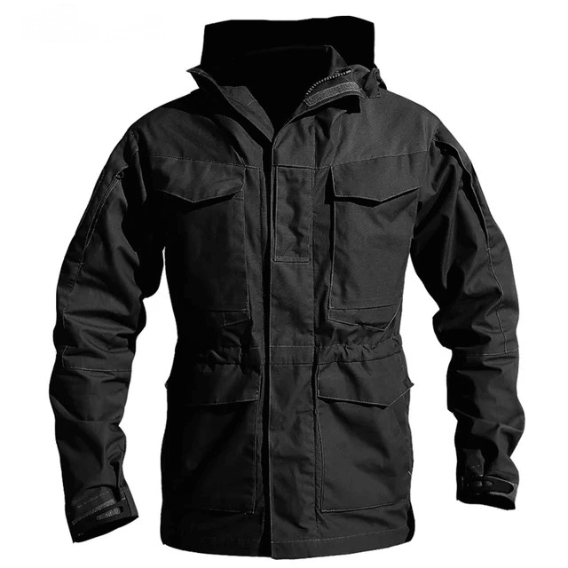 Black waterproof men's windbreaker with hood and pockets, ideal for outdoor activities like biking and hiking, style SF1871.