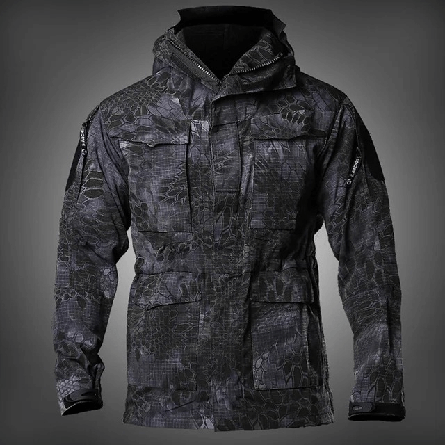 Black waterproof men's windbreaker jacket with hood and pockets, perfect for outdoor activities like hiking and biking.
