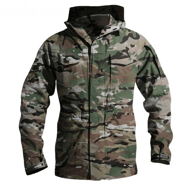 Camouflage waterproof men's windbreaker with hood and pockets, perfect for outdoor activities like biking, camping, and hiking.