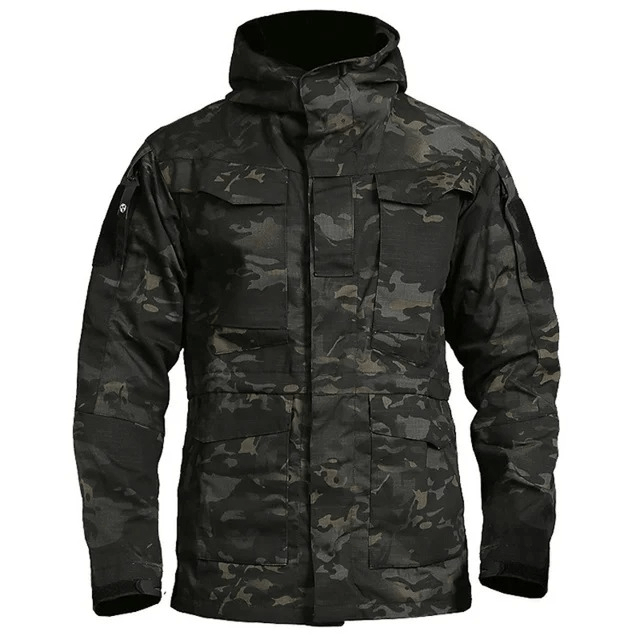 Camouflage waterproof men's windbreaker with hood, ideal for biking, camping, and hiking. SF1871 jacket with pockets for outdoor adventures.