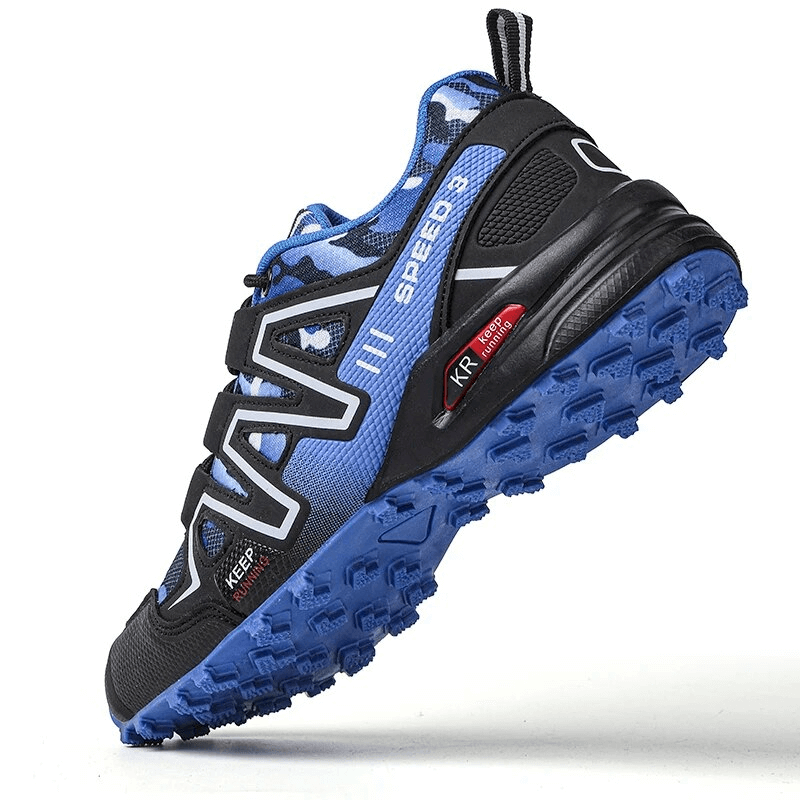 Waterproof non-slip men's lace-up hiking shoe SF1633 with blue highlights and rugged sole, perfect for adventurous trekking.