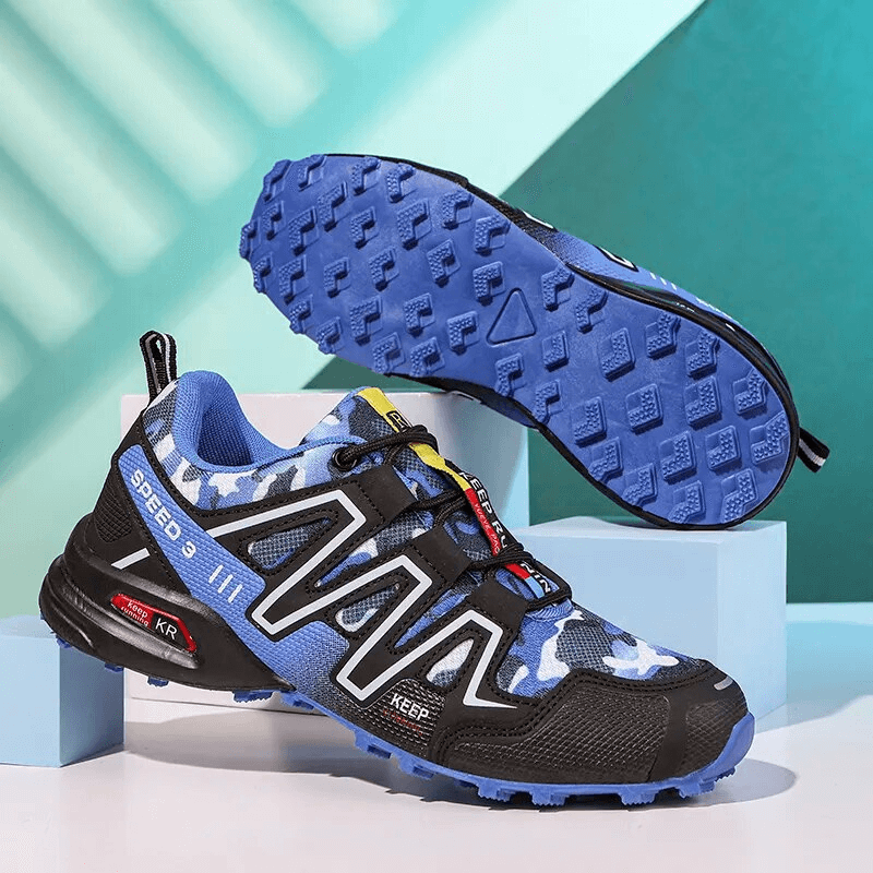 Blue and black waterproof non-slip men's hiking shoes with camo design, featuring lace-up closure and rugged TPR outsole for outdoor adventures.