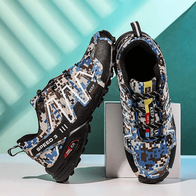 Camouflage design men's waterproof non-slip hiking shoes with lace-up closure, hemp upper, and TPR outsole for outdoor adventures.