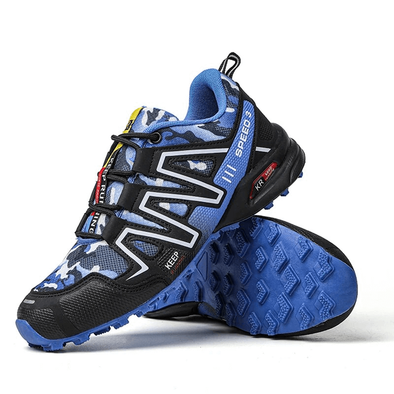 Waterproof non-slip men's hiking shoes SF1633 with blue camouflage design, hemp upper, and durable TPR outsole.