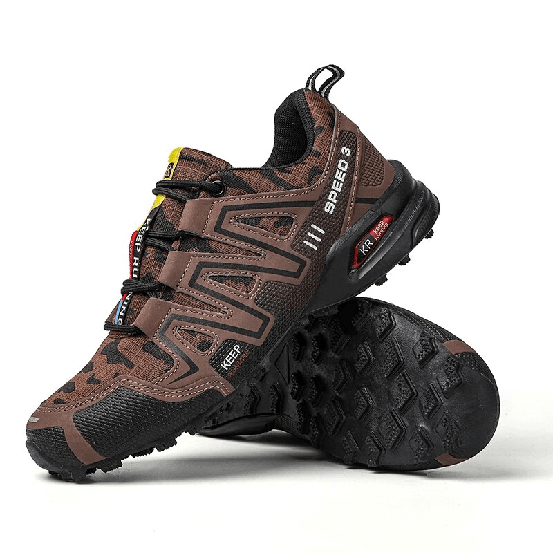 Waterproof non-slip men's hiking shoes SF1633 in brown with lace-up design and breathable, camo style.