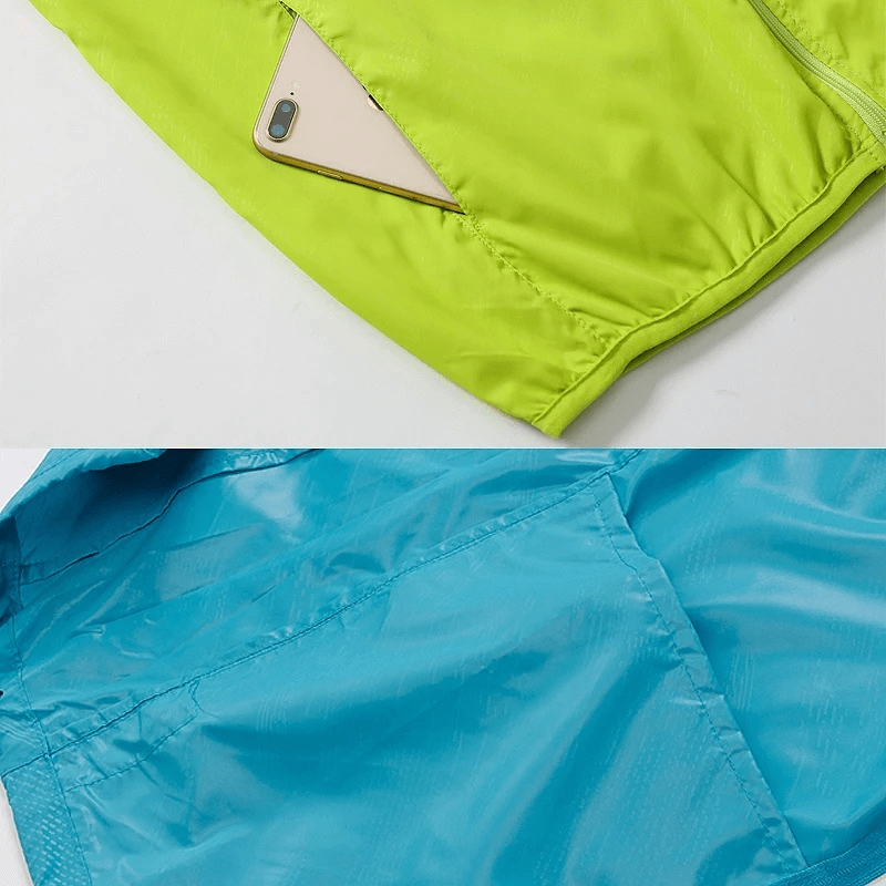 Vibrant two-tone polyester jacket showcasing breathable waterproof fabric and handy pocket for outdoor adventures.