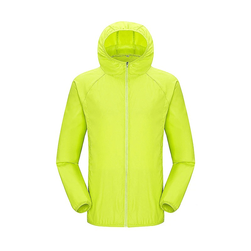 Lime green waterproof polyester hiking jacket SF2005 with hood and sun-protective design, perfect for outdoor camping adventures.