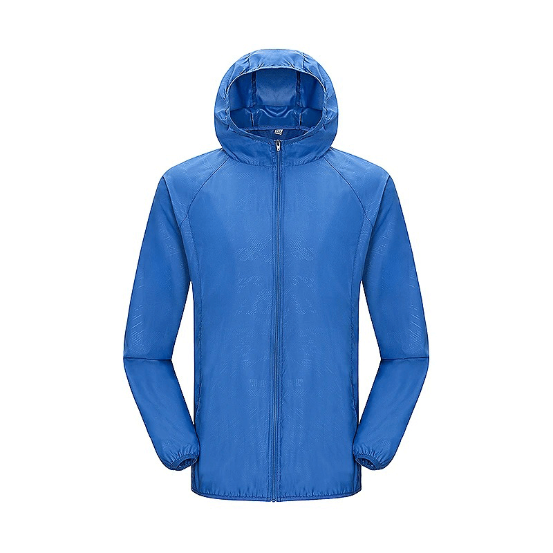 Blue waterproof polyester hiking jacket SF2005, lightweight with sun protection, anti-UV, breathable and anti-static features for outdoor use.