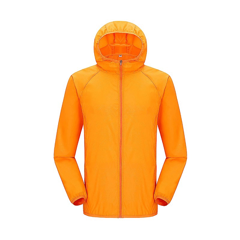 Orange waterproof polyester hiking jacket SF2005, featuring sun protection and anti-UV, perfect for outdoor adventures.