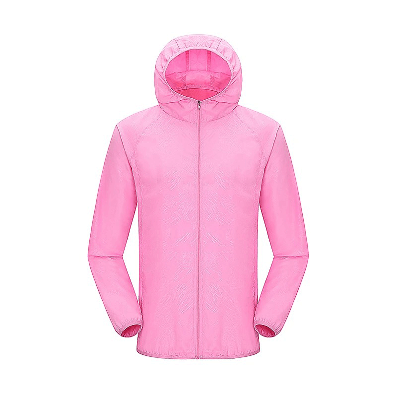 Pink waterproof polyester jacket for hiking, designed with sun protection, anti-UV, and breathable features. Perfect for outdoor adventures. SF2005