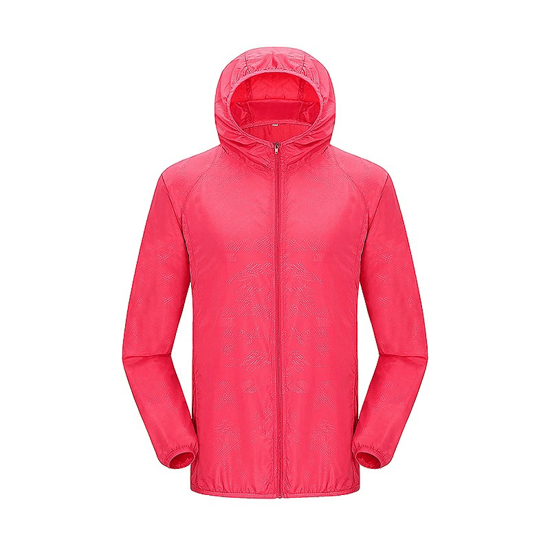 Red waterproof polyester jacket for hiking, SF2005. Breathable, sun-protective, lightweight with anti-sweat and anti-static features.