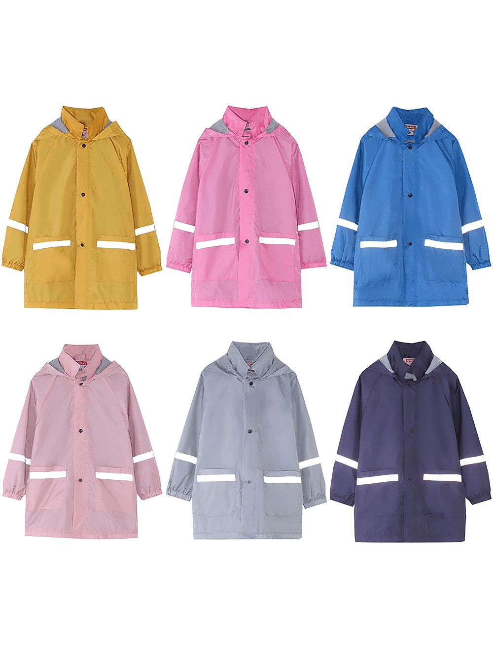 Colorful kids Waterproof Raincoat with Reflective Stripes - SF3615 showcasing hood and reflective details for added visibility.