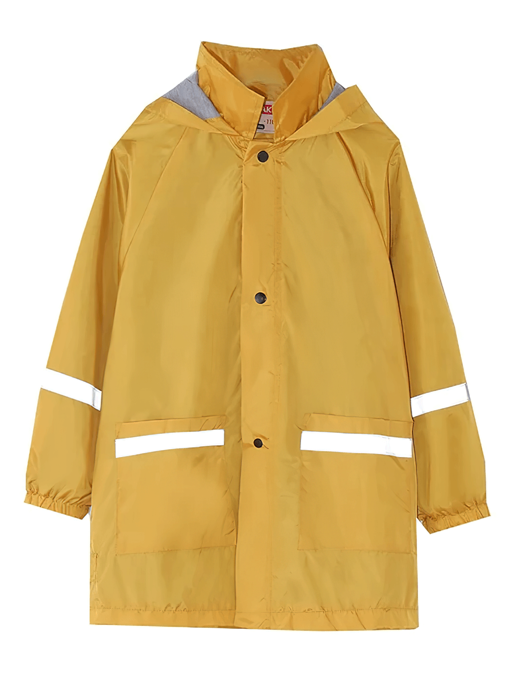 Vibrant yellow kids waterproof raincoat with hood and reflective stripes - SF3615, perfect for rainy days, featuring elastic cuffs and front closure.