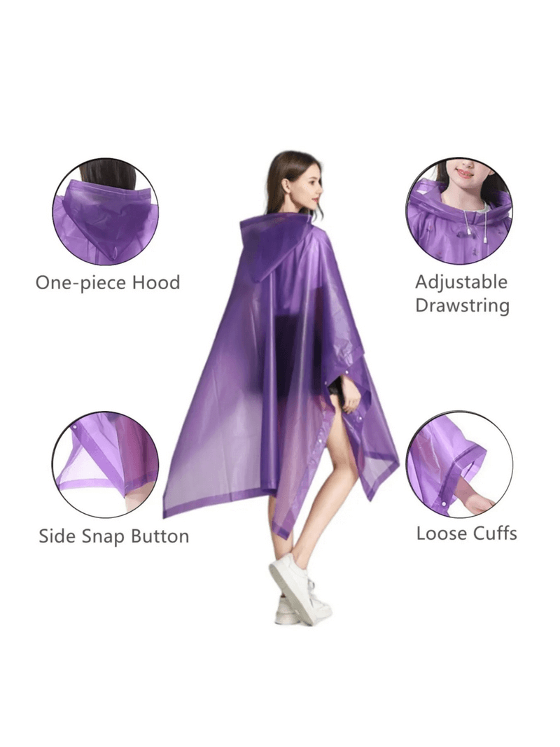 Woman wearing purple waterproof reusable raincoat with hood, adjustable drawstring, side snap buttons, and loose cuffs.