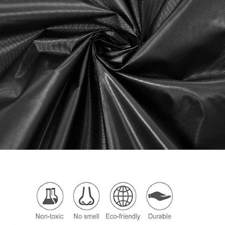 Black waterproof fabric texture with eco-friendly, non-toxic, no smell, durable icons.