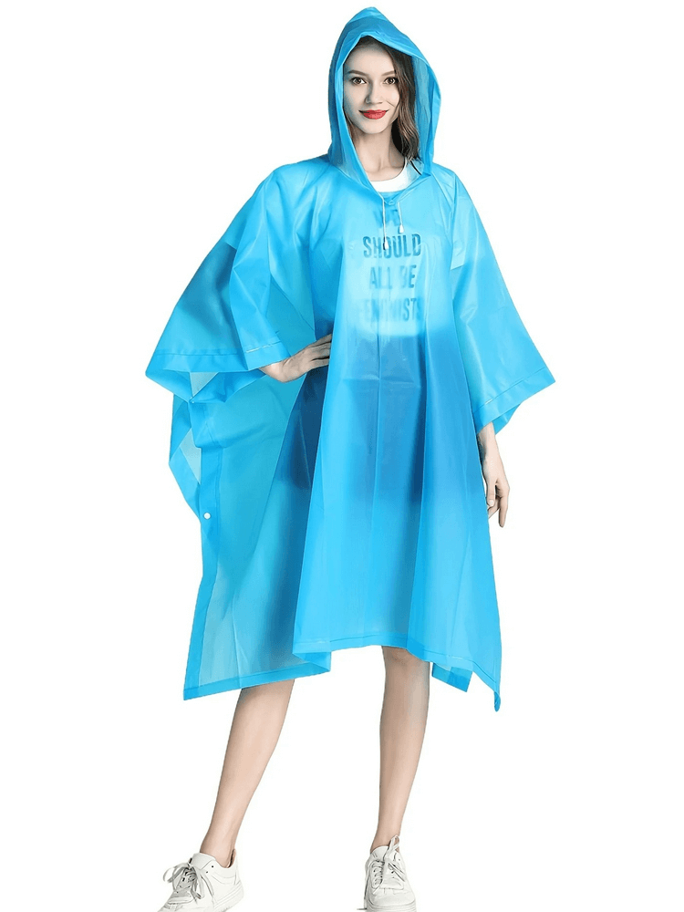 Woman wearing a blue waterproof reusable transparent raincoat, lightweight poncho style for stylish protection from the rain.