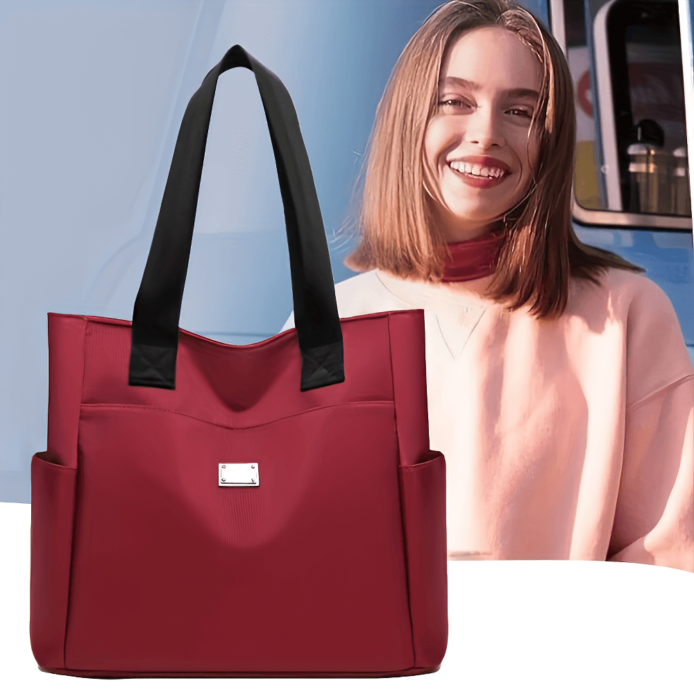 Fashionable waterproof nylon shoulder bag with pockets, solid red color, perfect for casual and daily use.