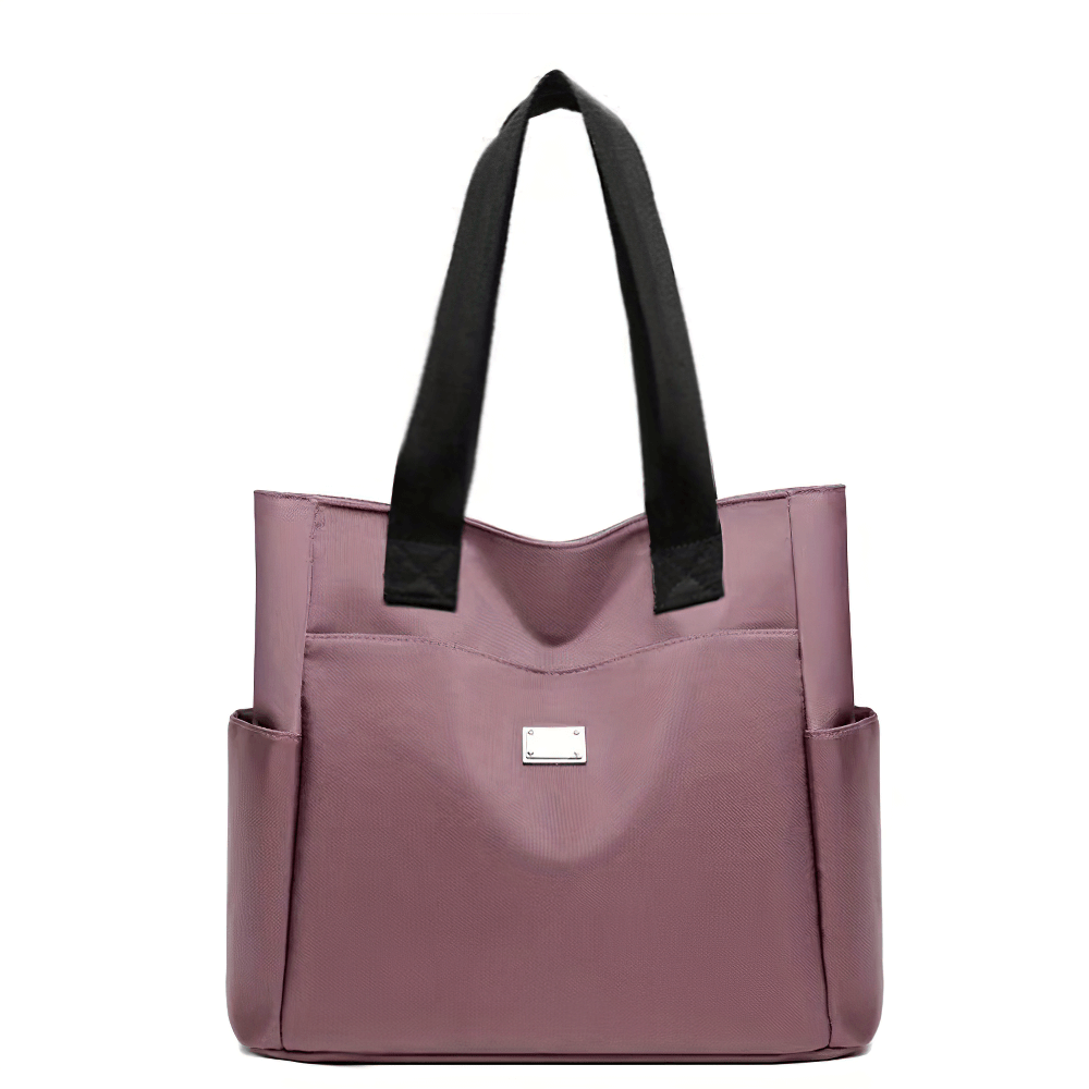 Fashionable waterproof purple tote bag with black handles, multiple pockets for daily use and travel, durable design for men and women.