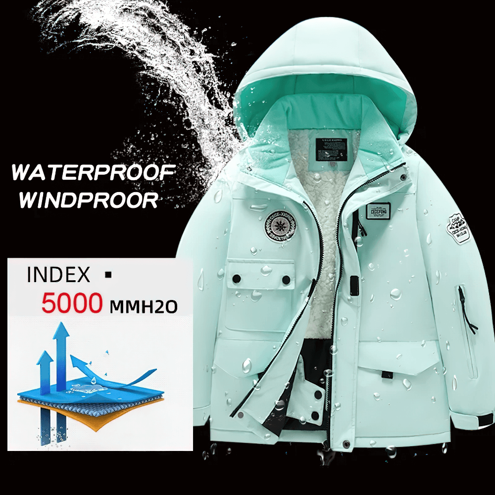 Waterproof Ski Jacket with Hood and Warm Lining - SF3583 displayed with water resistance and windproof features ideal for winter sports.