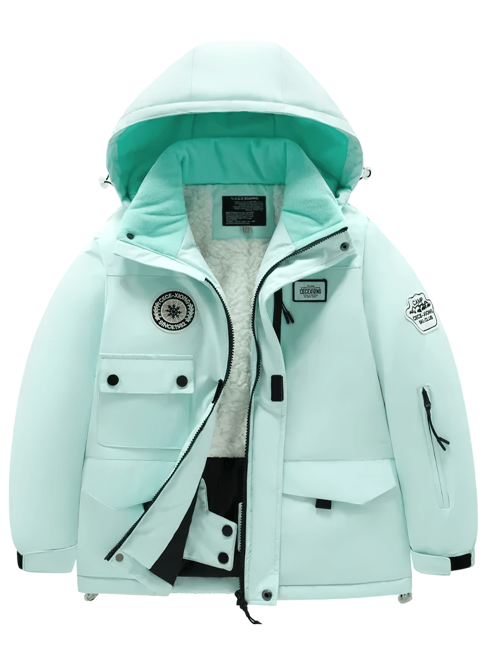 Waterproof Ski Jacket with Hood and Warm Lining - SF3583 for kids in light blue with fleece lining and functional pockets.