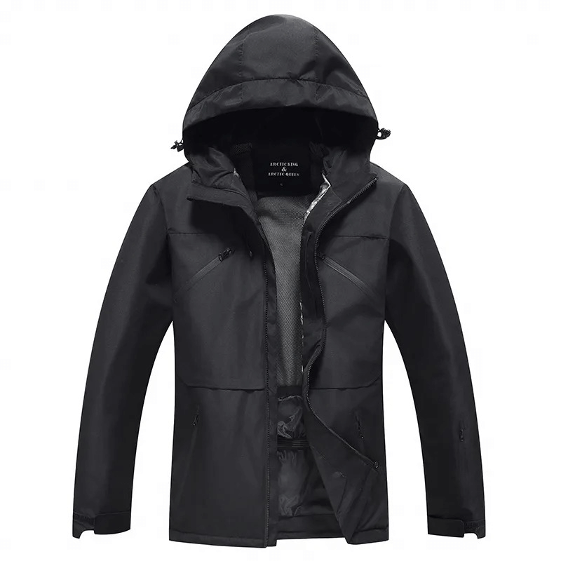 Unisex black waterproof ski jacket with hood, model SF1807. Ideal for winter sports, featuring windproof and wear-resistant polyester fabric.
