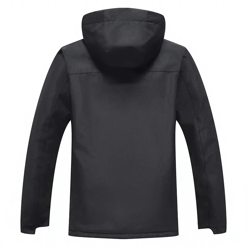 Back view of unisex waterproof ski jacket with hood, SF1807. Features durable polyester, windproof, and breathable for winter sports.