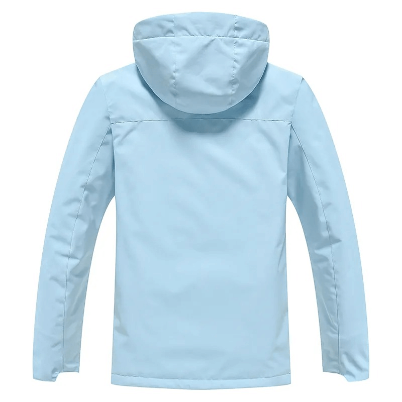 Back view of light blue waterproof ski jacket with hood, unisex design, SF1807 model for winter outdoor activities.