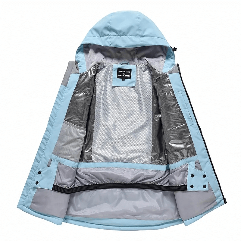 Light blue waterproof ski jacket with hood, open to show interior lining, designed for men and women. SF1807, perfect for winter activities.
