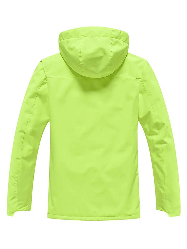 Lime green waterproof ski jacket with hood, unisex design for men and women, featuring polyester fabric for warmth and comfort.