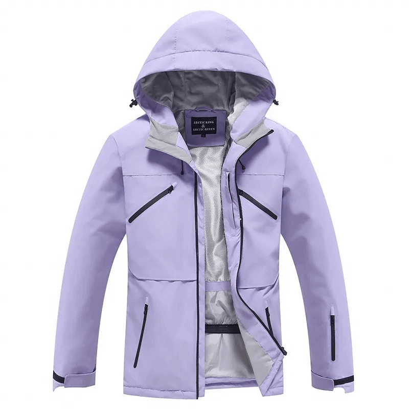 Unisex waterproof ski jacket SF1807 in lavender with hood, windproof and wear-resistant, features visible zippers and pockets for winter sports.