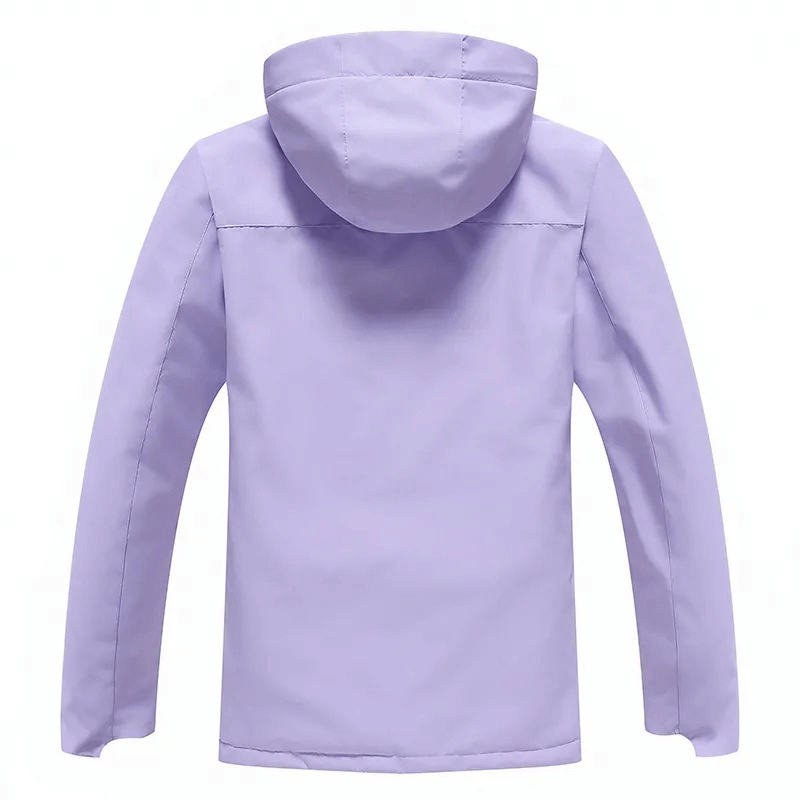 Unisex lavender waterproof ski jacket with hood, polyester fabric, windproof and breathable design for winter activities, SF1807.