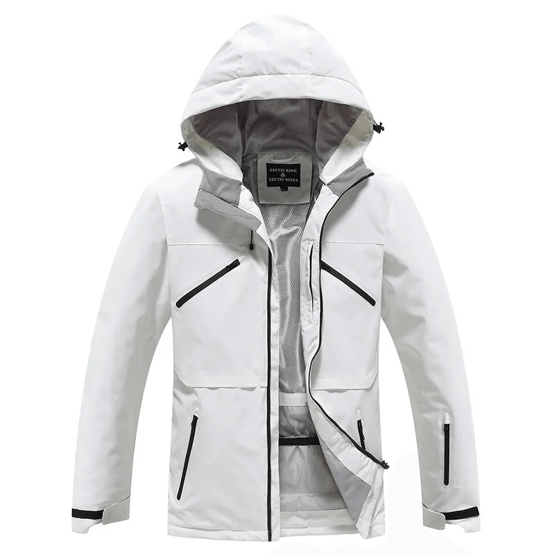 White waterproof ski jacket SF1807 with hood, designed for men and women. Features pockets, windproof and breathable fabric for winter sports.