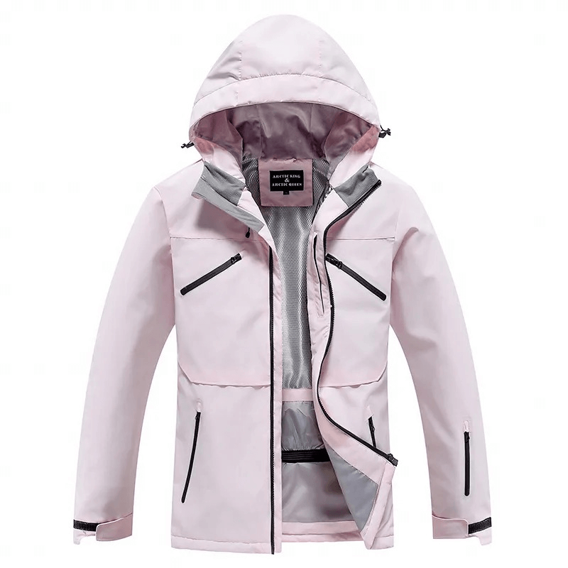 Unisex waterproof ski jacket with hood, solid color, SF1807 model, perfect for outdoor winter activities, showcasing style and function.