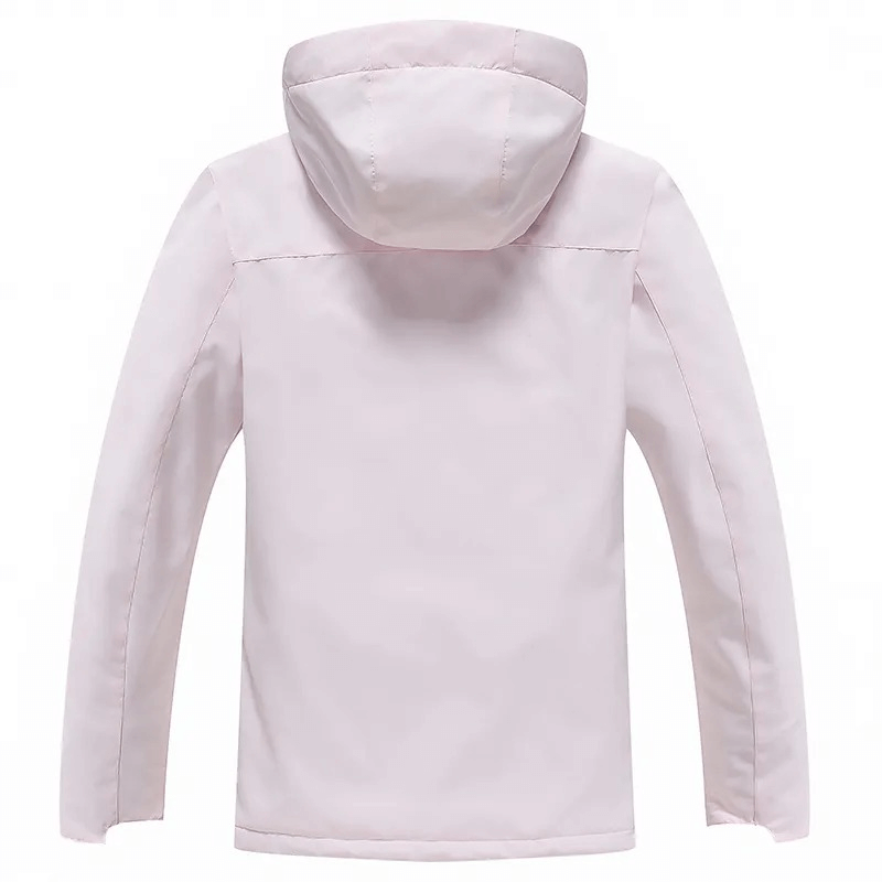 Back view of SF1807 waterproof ski jacket in solid color with hood, designed for men and women, showcasing durable polyester fabric.