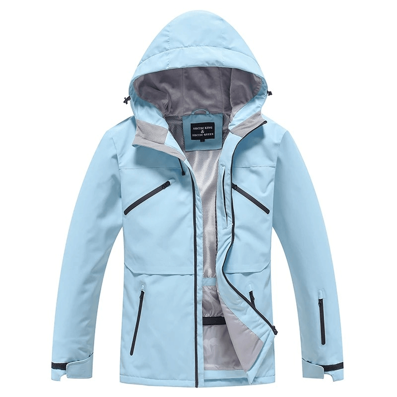 Unisex waterproof ski jacket with hood in blue, featuring breathable and windproof polyester fabric for winter activities, model SF1807.