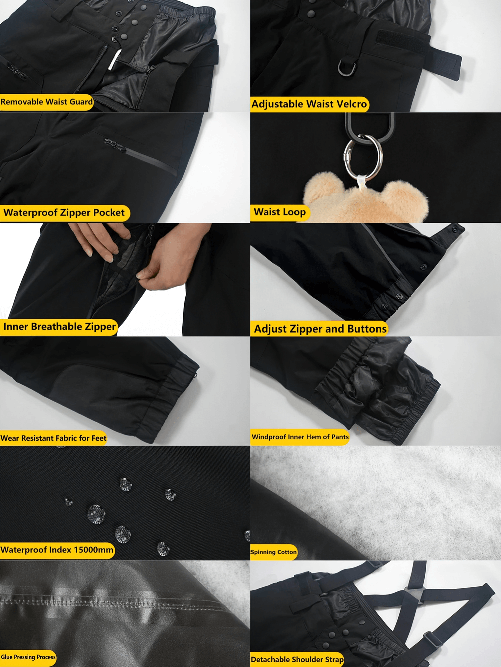 Detailed features of Waterproof Ski Pants with Adjustable Suspenders - SF4272, showcasing waterproof zippers, waist guard, and more.