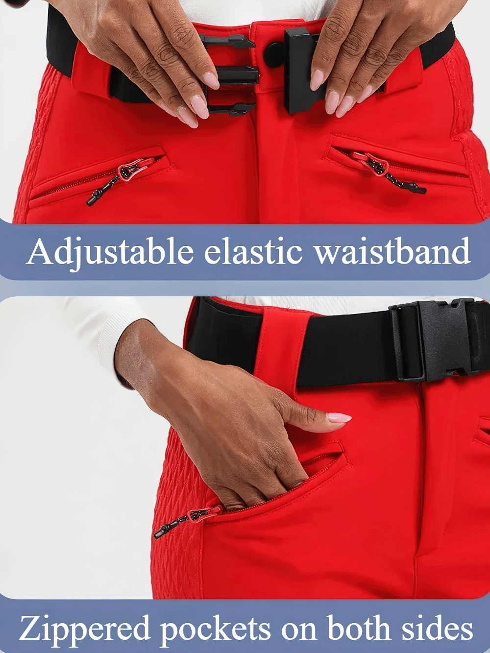 Close-up of Waterproof Ski Pants with Adjustable Waistband - SF4258, featuring zippered pockets and elastic waistband for winter sports.