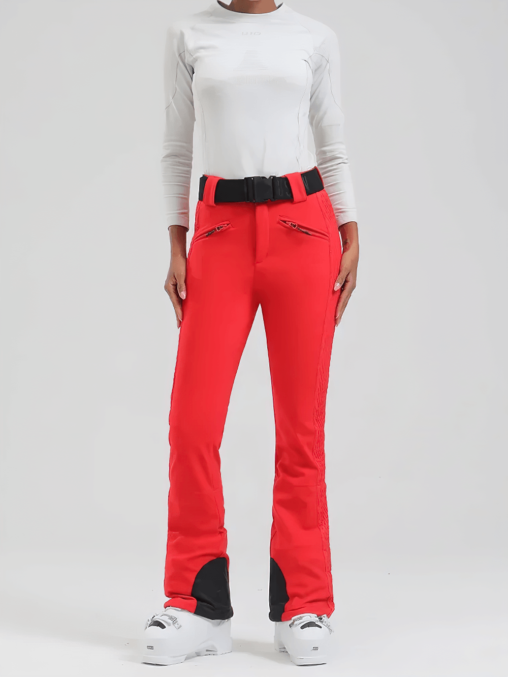 Woman wearing Waterproof Ski Pants with Adjustable Waistband - SF4258 in red, showing slim fit and side zip pockets