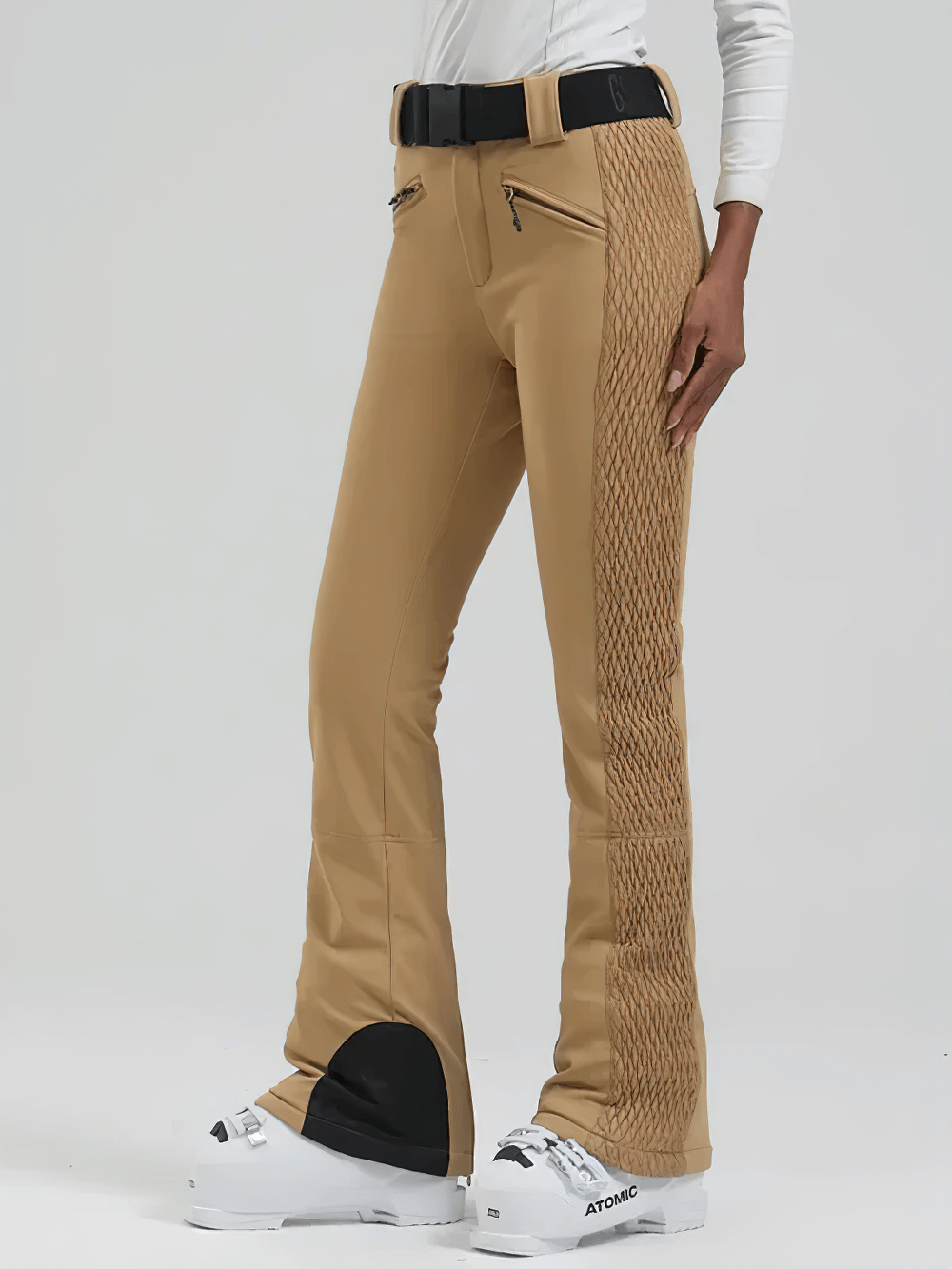 Waterproof Ski Pants with Adjustable Waistband - SF4258 in beige, slim fit design, featuring zip pockets and windproof gaiters for winter sports.