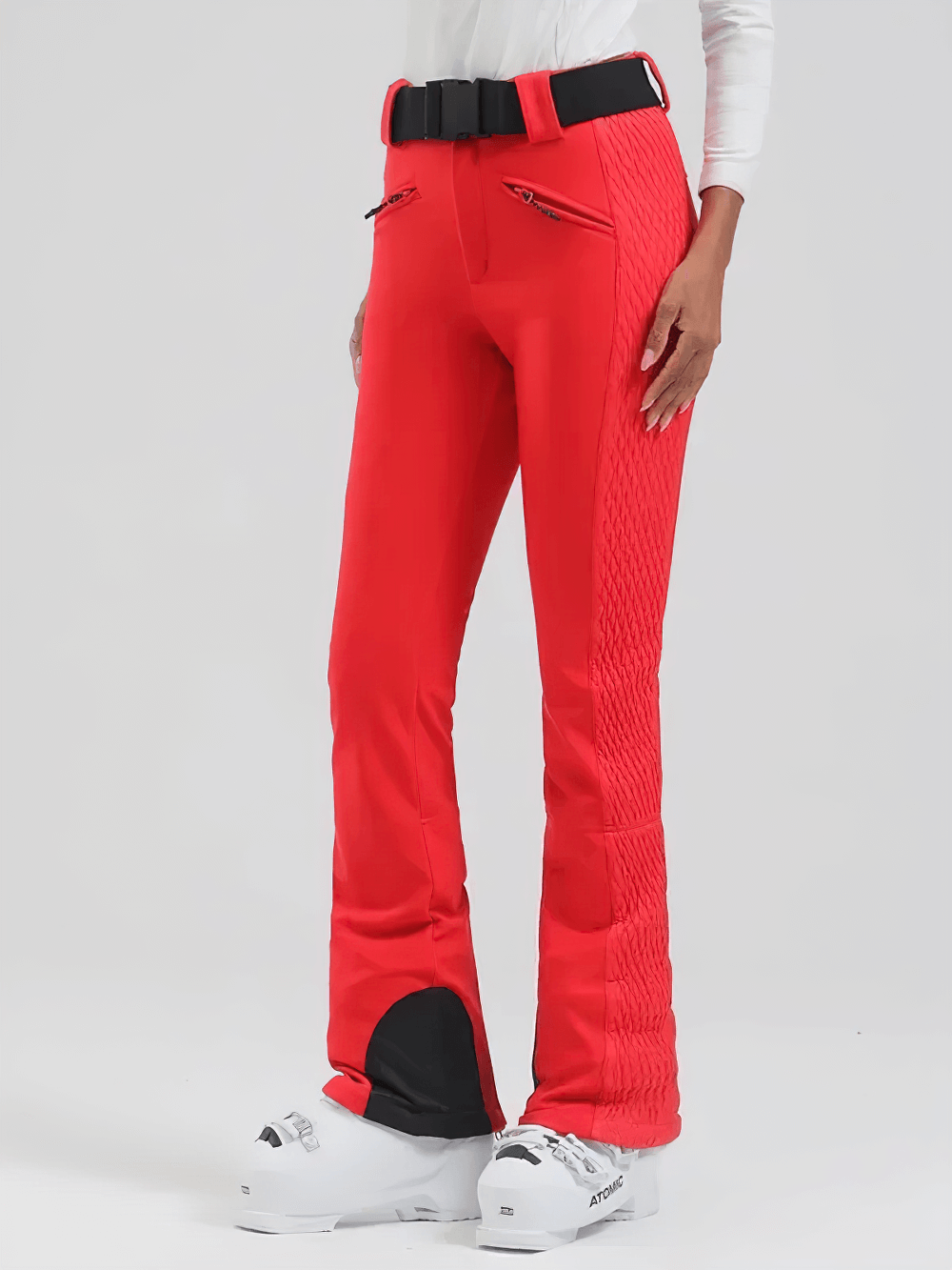 Woman wearing Waterproof Ski Pants with Adjustable Waistband - SF4258 in vibrant red designed for winter sports with slim fit and elastic band.