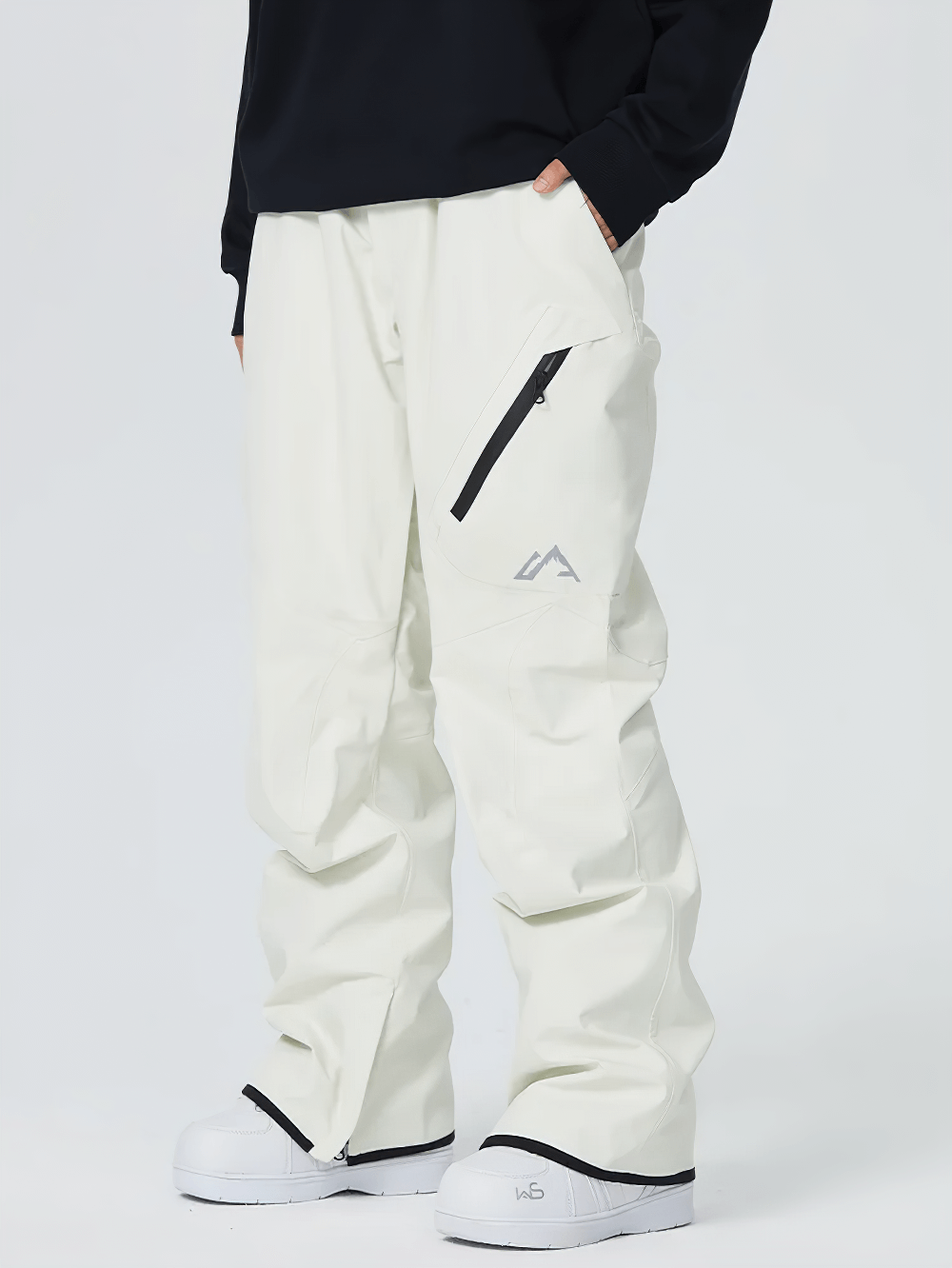 White waterproof snowboard pants with utility pockets, wind-resistant fabric, and adjustable waist for outdoor sports - SF2483.