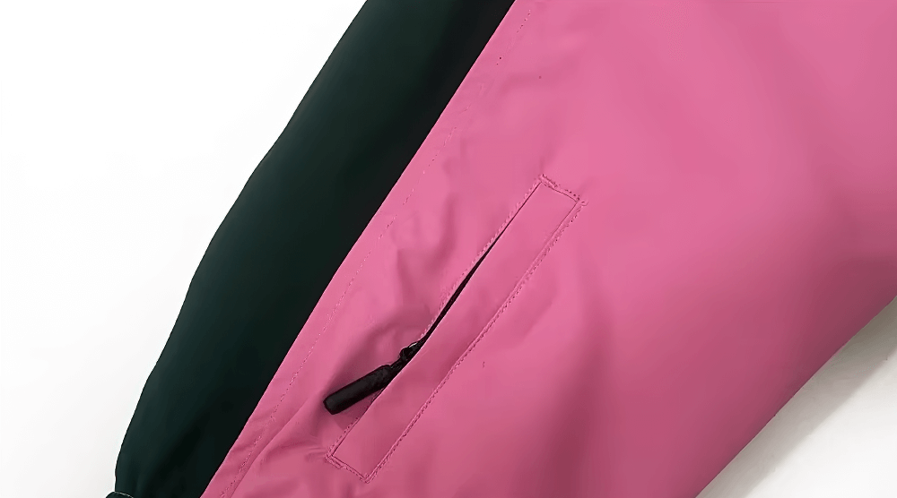 Close-up of Waterproof Snowboarding Jacket, pink seam with zipper, SF2471, thermal and windproof feature for winter sports.